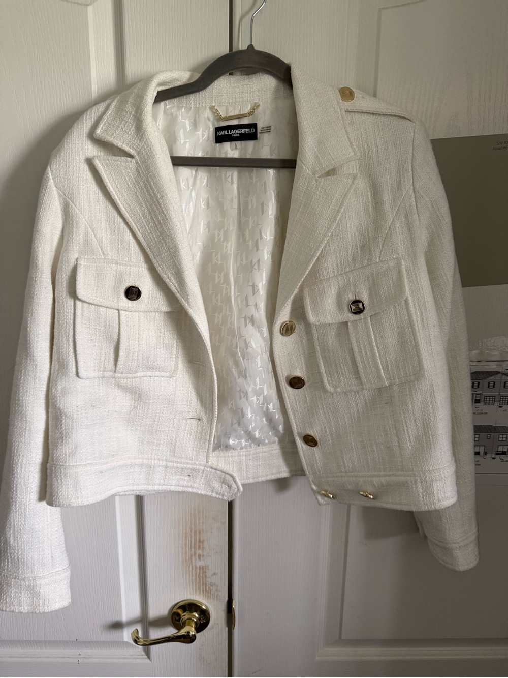 Karl Lagerfeld Cream Tweed Military-Style Crop Blazer